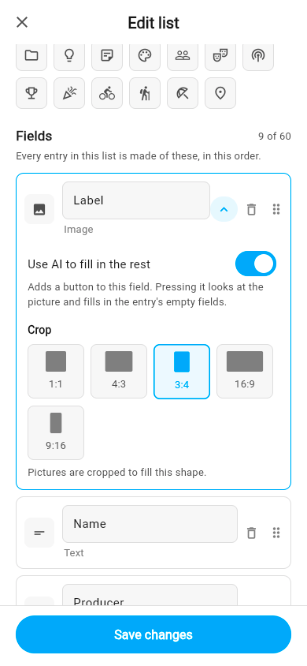 The list editor: the Label field open, with “Use AI to fill in the rest” switched on and a crop ratio chosen