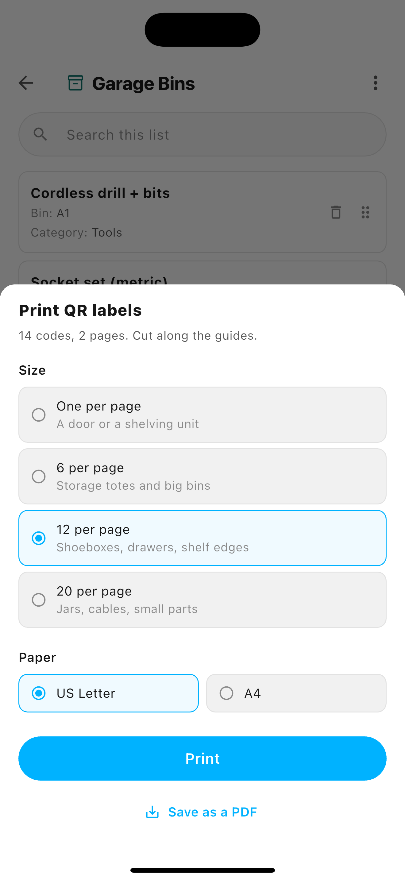 The Print QR labels sheet: how many per page, and which paper
