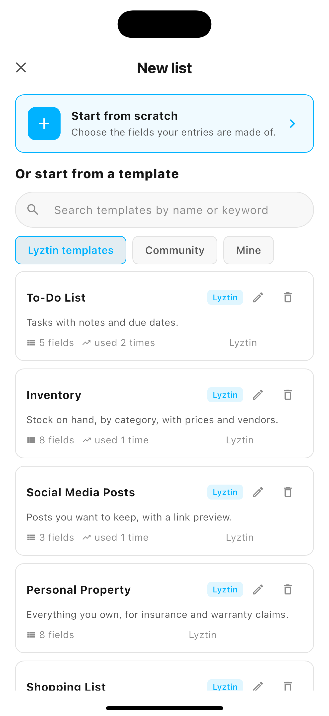 The template browser: start from scratch, or from a Lyztin or community template